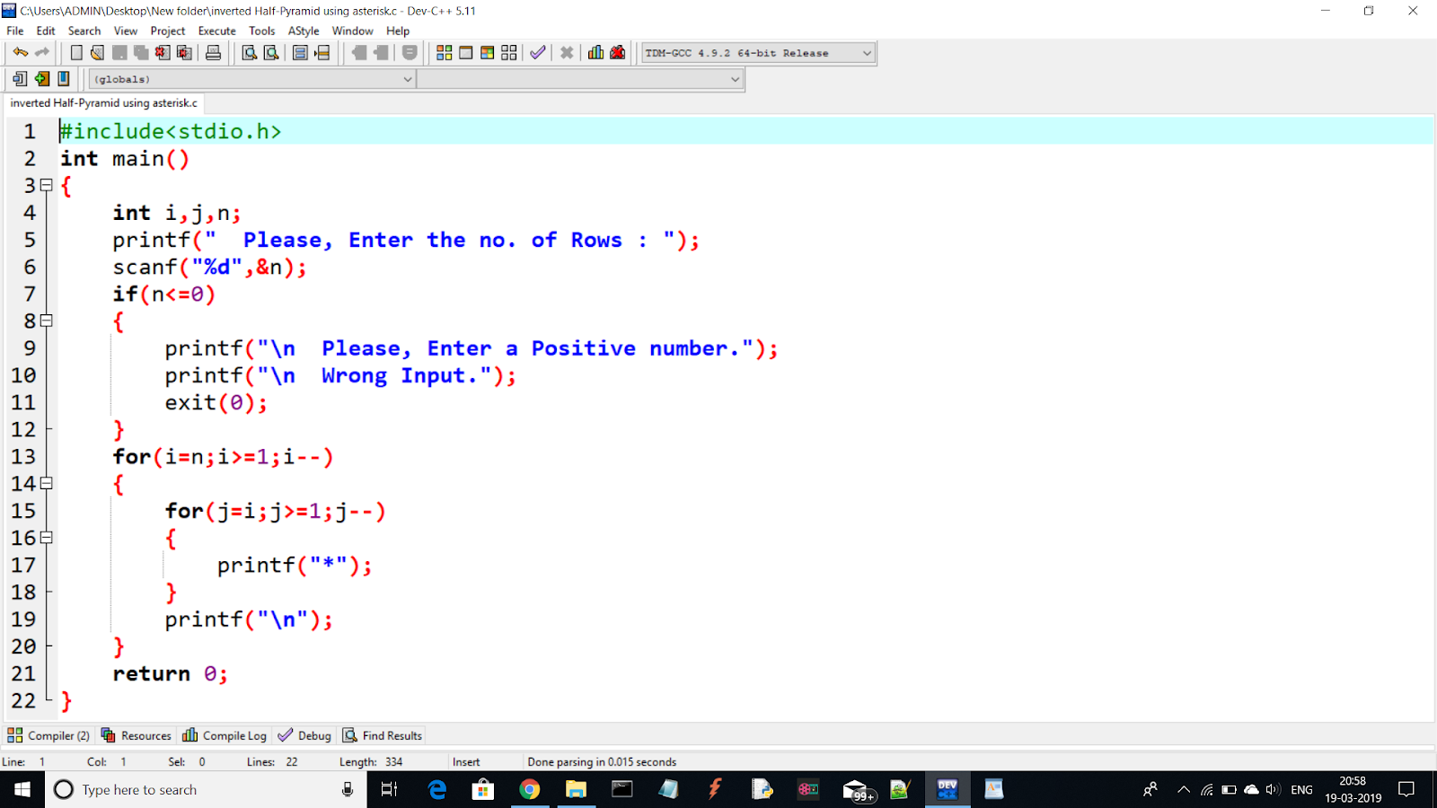 Inverted Half-Pyramid using Asterisk(*) in C-Language