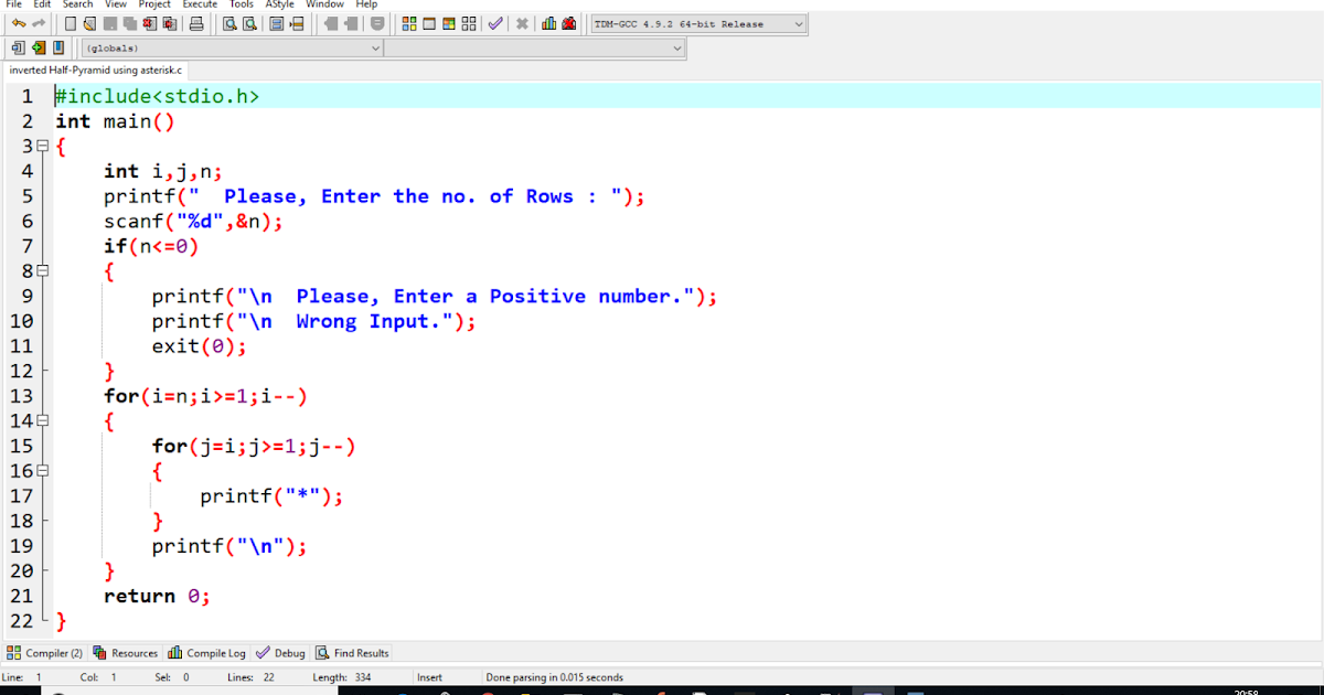Inverted Half-Pyramid using Asterisk(*) in C-Language