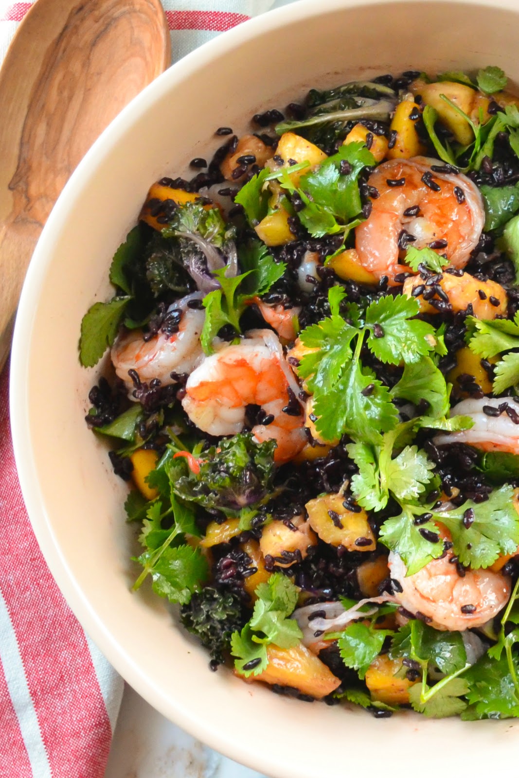 Asian Shrimp Mango Black Rice Salad with pineapple, kale, and cilantro from Serena Bakes Simply From Scratch.
