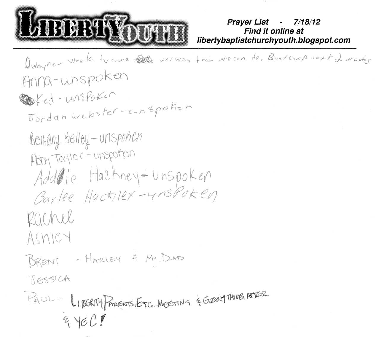 Liberty Baptist Church Youth Tallassee AL Prayer Lists And A Word liberty-baptist-church-youth-tallassee-al-prayer-lists-and-a-word