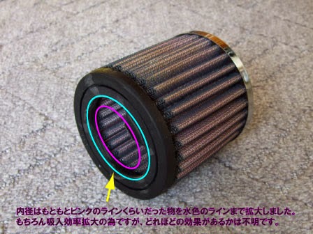 K&Nのリプレイスメントフィルターの吸入口をギリギリまで広げて加工してみました。
ココまでの寸法拡大ではエアフィルター部を全ての空気は通過しエンジンに入っていきます。 xr100モタード K&Nのリプレイスメントフィルターの加工をして吸入効率のUPを目指します。