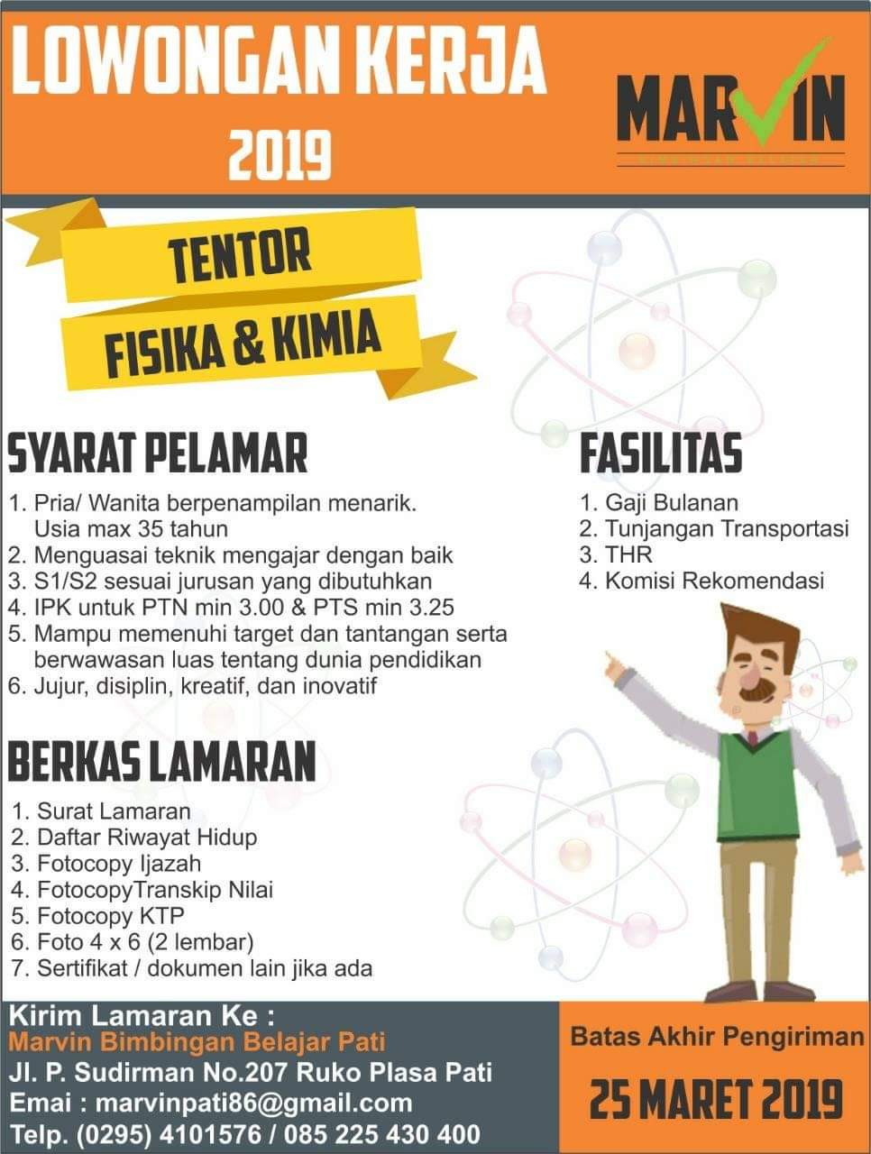 Kuduskerja informasi lowongan kerja hari ini, MARVIN bimbingan belajar Sedang membuka kesempatan berkerja sebagai Tentor Fisika dan Kimia dengan ketentuan sebagai berikut Kuduskerja informasi lowongan kerja hari ini, MARVIN bimbingan belajar Sedang membuka kesempatan berkerja sebagai Tentor Fisika dan Kimia dengan ketentuan sebagai berikut
