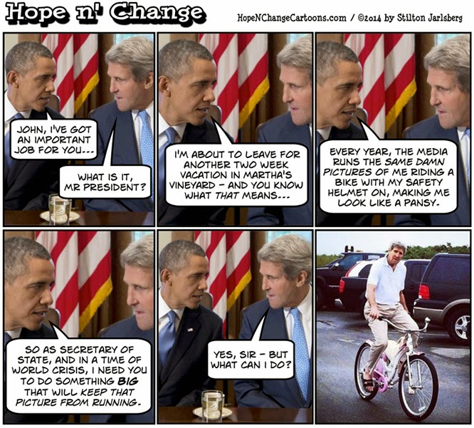 obama, obama jokes, kerry, bicycle, bike, vacation, hope n' change, hope and change, stilton jarlsberg, political, conservative, pink