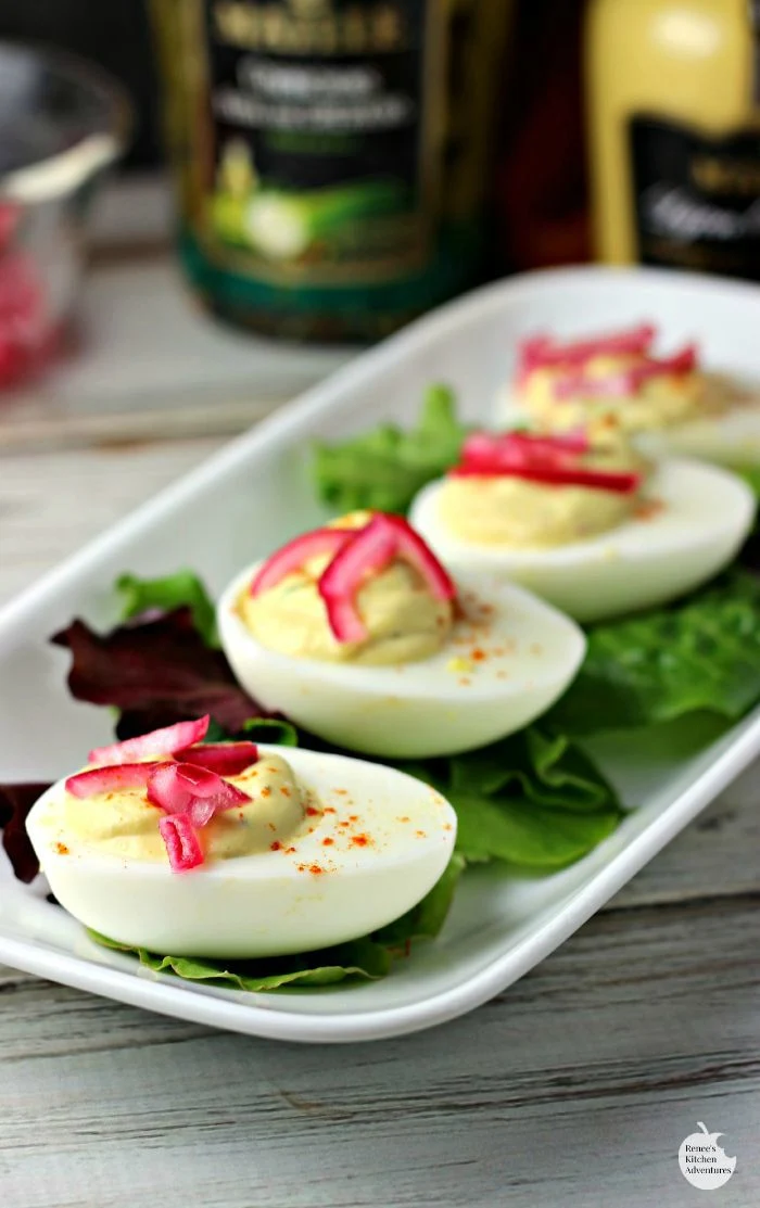 Pickled Red Onion Deviled Eggs | by Renee's Kitchen Adventures - Delicious recipe for a great anytime snack or appetizer!  Crunchy, sweet, and savory all in one bite! 