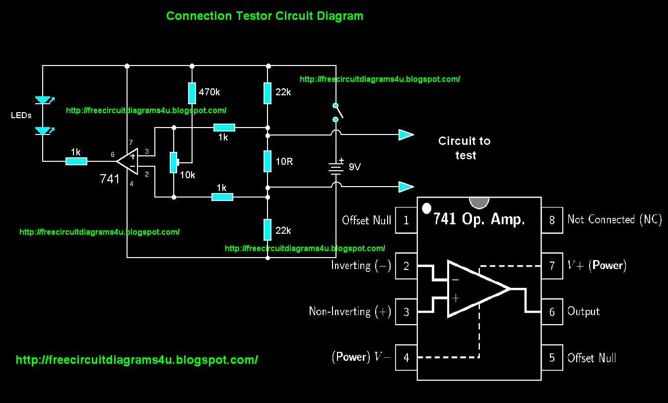9-V Connection testor circuit Schematic using IC 741 - Electronic