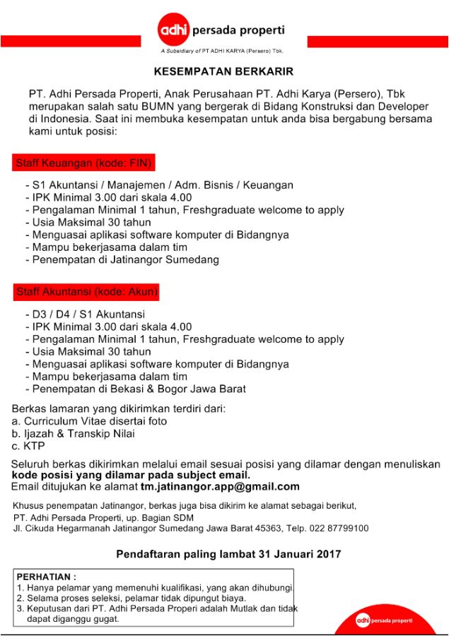 Lowongan Kerja Staff Keuangan dan Staff Akuntansi PT Adhi Karya (Persero)