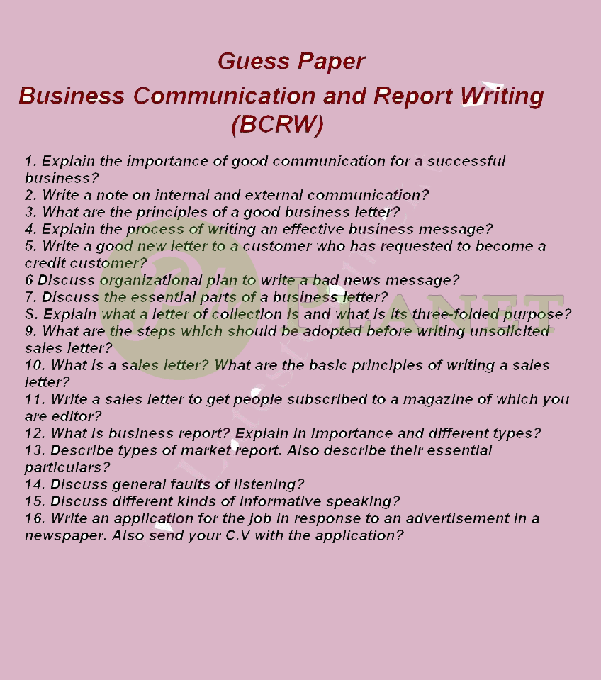 Business Communication and Report Writing Guess Paper