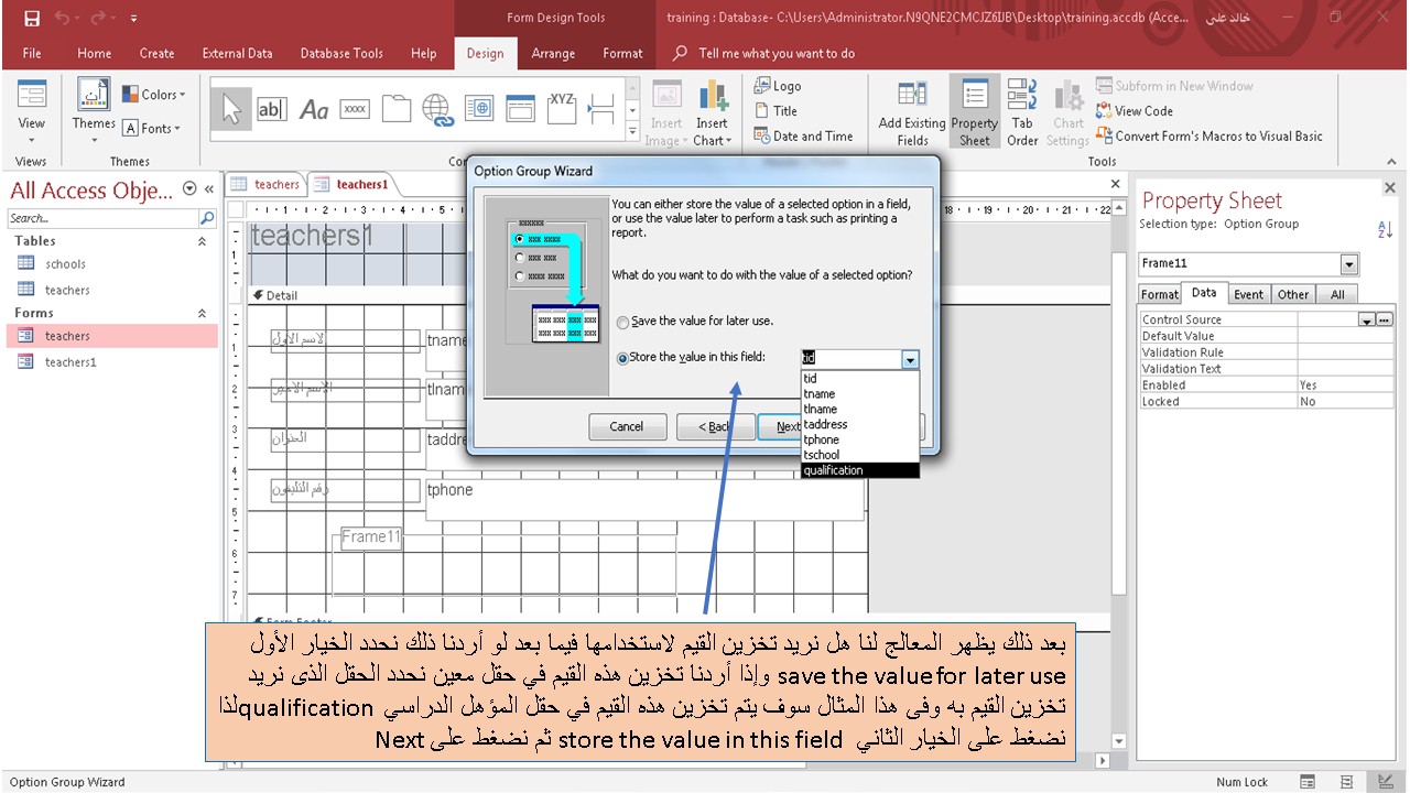 إضافة مجموعة خيارات option group من مجموعة الأدوات controls في برنامج