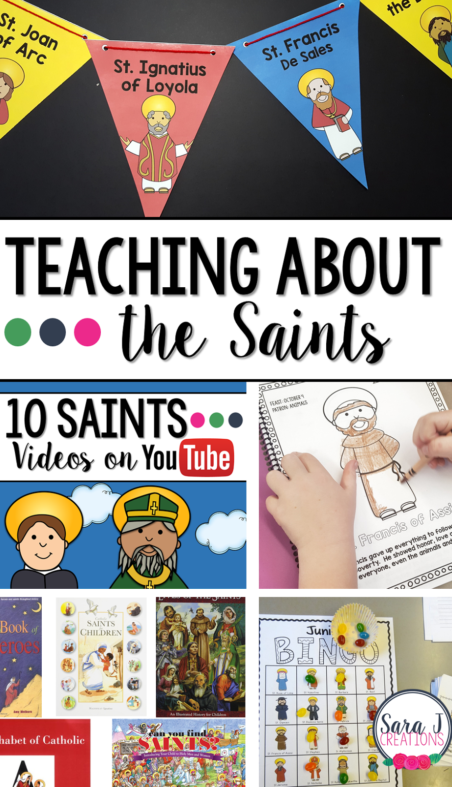 Ideas for teaching about the saints to kids. This is perfect for All Saints' Day and has lots of ideas for Catholic schools and homes.