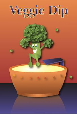 illustration of broccoli diving into a pool of dip