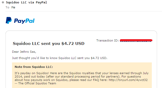 Last Payout From Squidoo - Email Screenshot