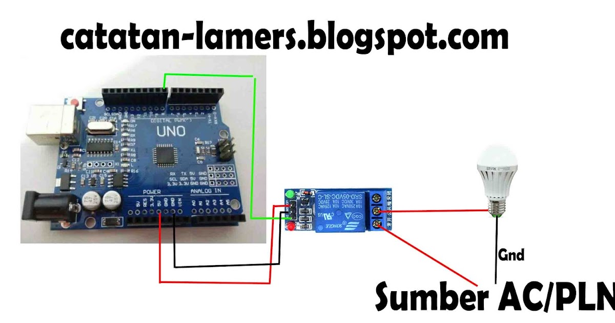Arduino kontrol relay untuk menyalakan lampu catatan lamers