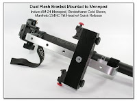Dual Flash Bracket Mounted to Monopod - Induro AM-24, Stroboframe Cold Shoes, Manfroto 234RC Tilt Head with Quick Release