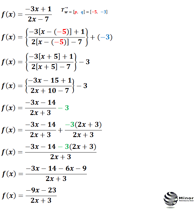 Translacja wykresu funkcji f(x) o wektor [-5, -3], polega na przesunięciu wykresu o 5 jednostek w lewą stronę równolegle do osi odciętych (x) i o 3 jednostki w dół równolegle do osi rzędnych (y). Do wzoru funkcji f(x) w miejsce x podstawiamy [x+5] i odejmujemy 3.