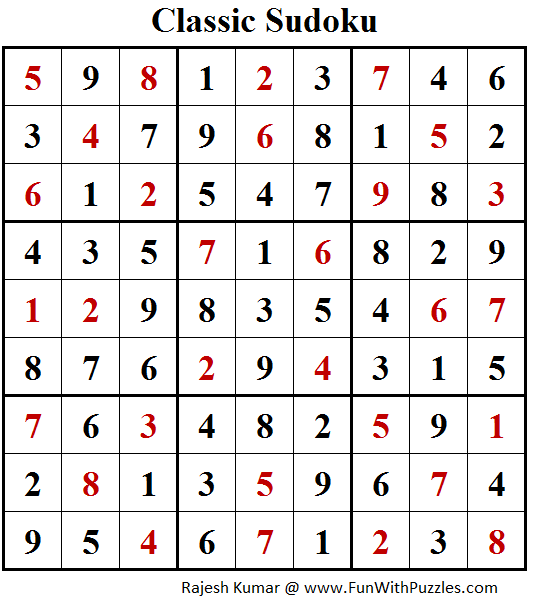 Classic Sudoku Puzzle (Fun With Sudoku #205) Solution