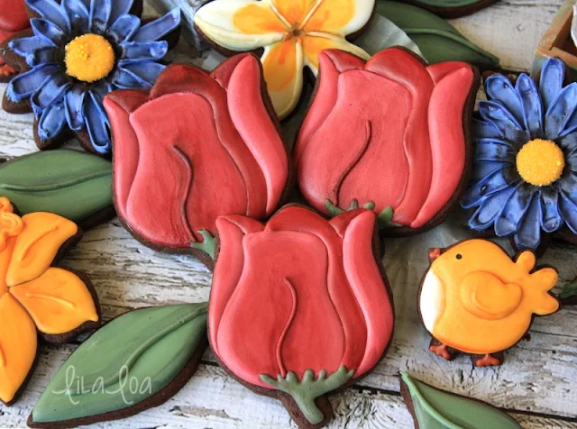 Decorated spring flower sugar cookies -- tulip, daffodils, and daisies