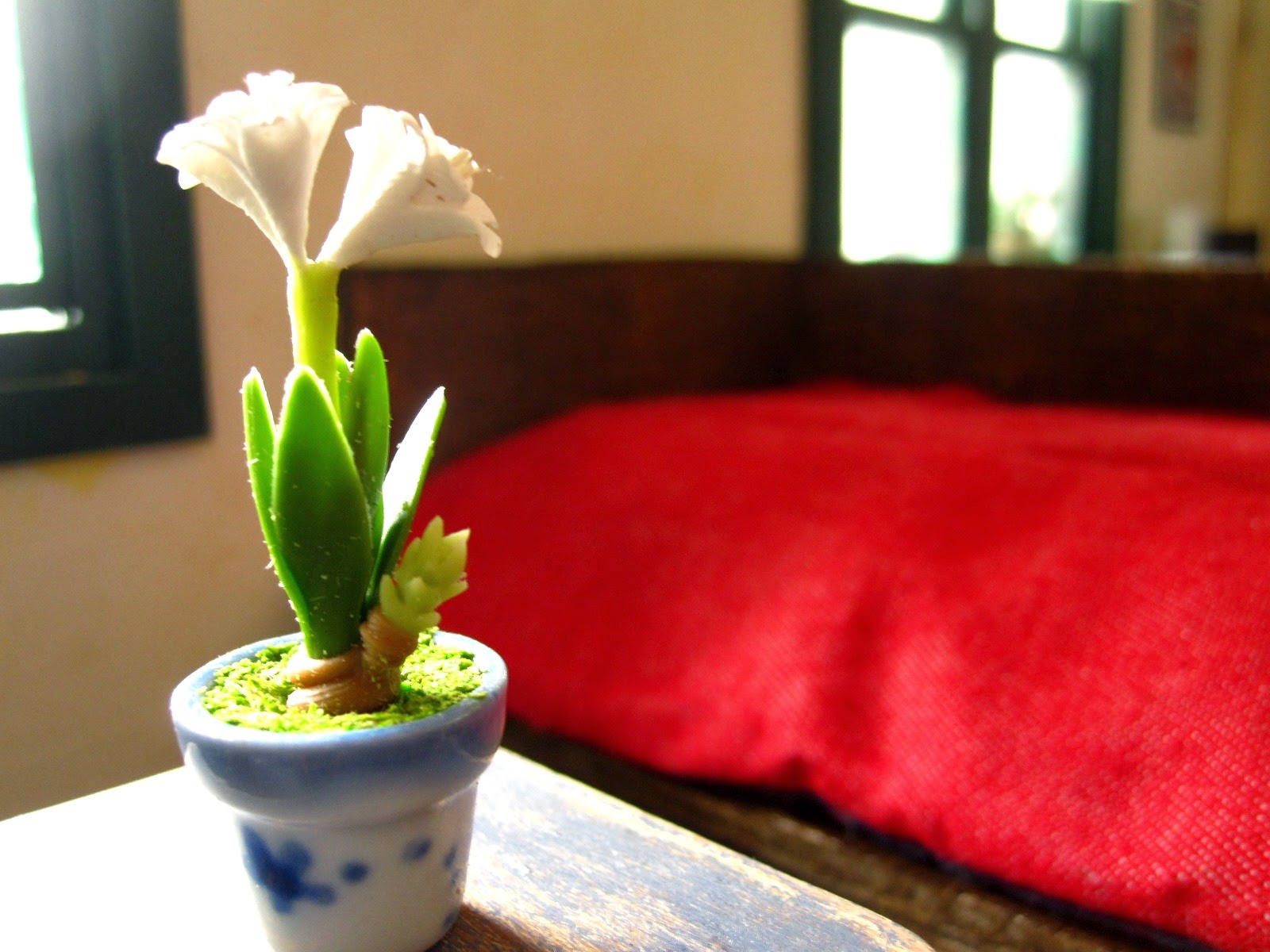 Dolls house miniature Amarylis plant in a pot on a coffee table.