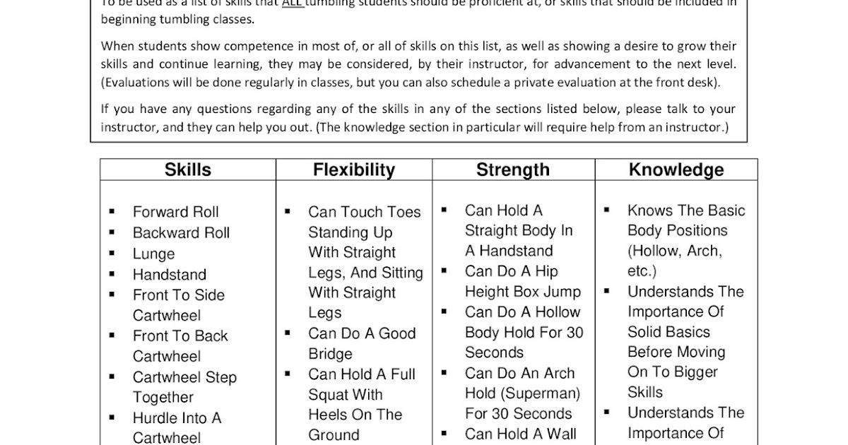 Free Flow Academy Beginning Tumbling Skill Sheet