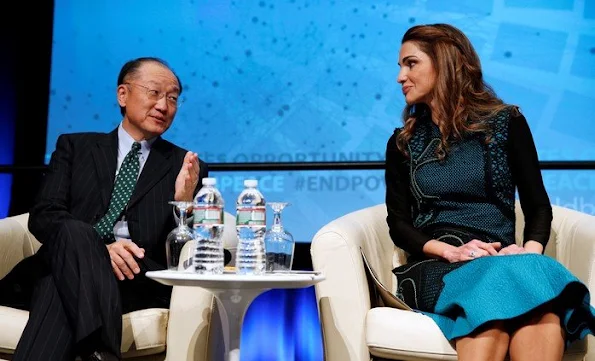 Queen Rania of Jordan sits next to President, World Bank Group Jim Yong Kim and Ban Ki-moon, Secretary-General, United Nations before delivering remarks during a discussion on 'Forced Displacement: A Global Development Challenge'