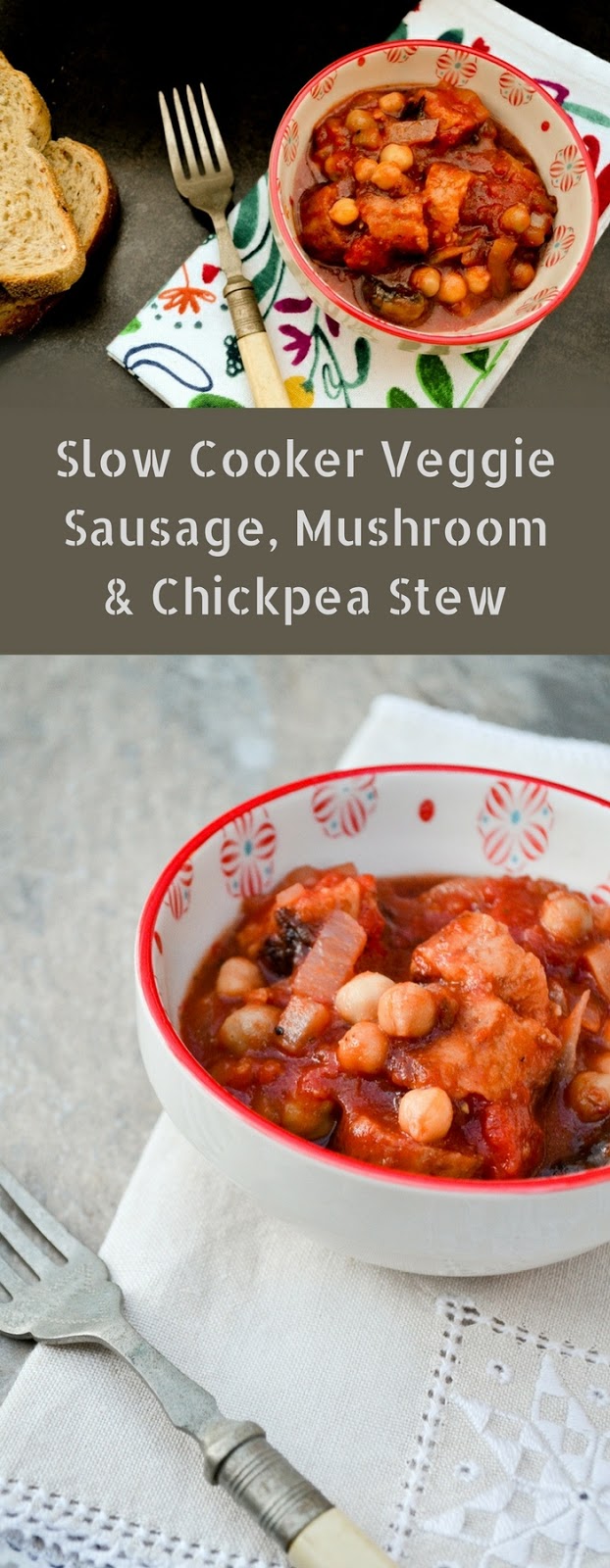 Slow Cooker Veggie Sausage, Mushroom & Chickpea Stew (vegan crockpot