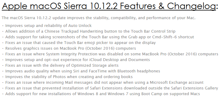 Apple macOS Sierra 10.12.2 Features & Changelog