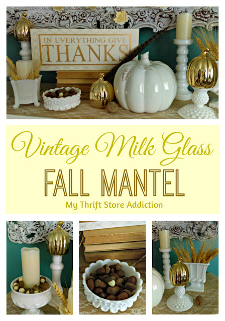 How to create a gorgeous mantel featuring vintage milk glass, natural elements and dollar store pumpkins! vintage milk glass fall mantel