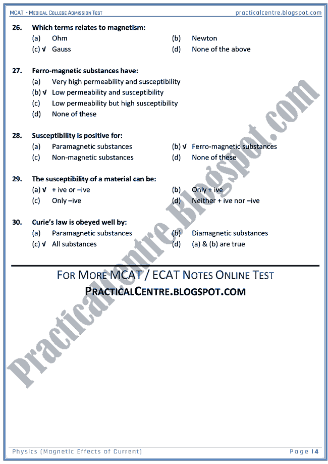 mcat-physics-magnetic-effects-of-current-mcqs-for-medical-college-admission-test
