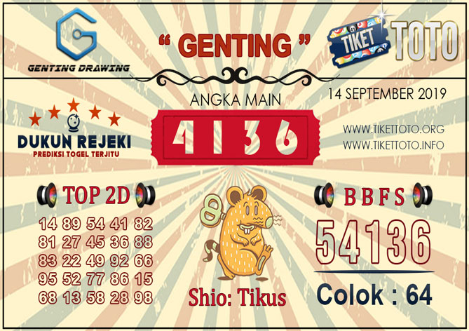 Prediksi Togel GENTING DRAWING TIKETTOTO 14 SEPTEMBER 2019