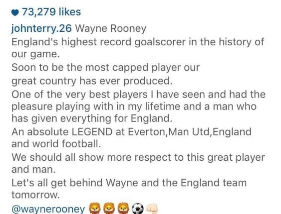 b Chelsea legend John Terry asks England fans to show more respect to Wayne Rooney after he's snubbed by England