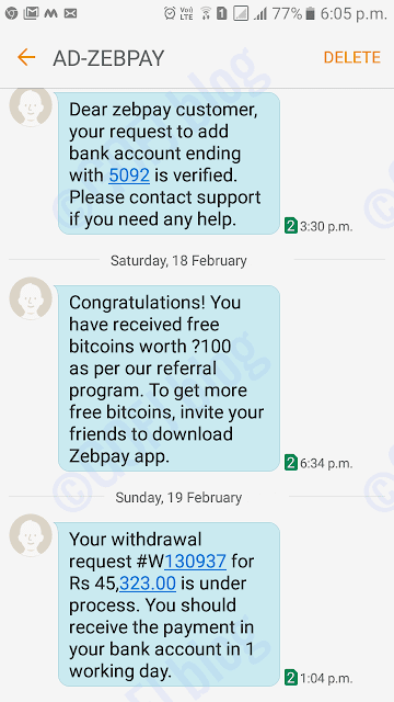 Zebpay Money withdrawn to the bank account SMS