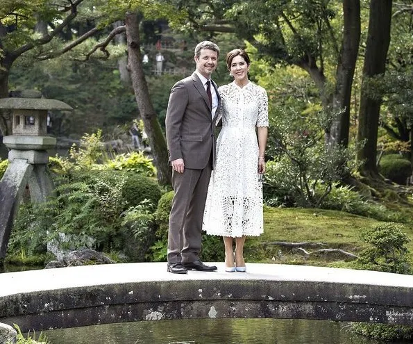 Crown Princess Mary wore Temperley London Berry Lace Neck-Tie Dress. visited Kenroku-en Park in Kanazawa