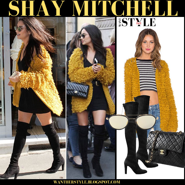 Shay Mitchell in yellow mustard knit cardigan and black suede over the