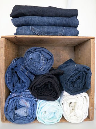 Rolled up denim jeans in a crate organized :: OrganizingMadeFun.com