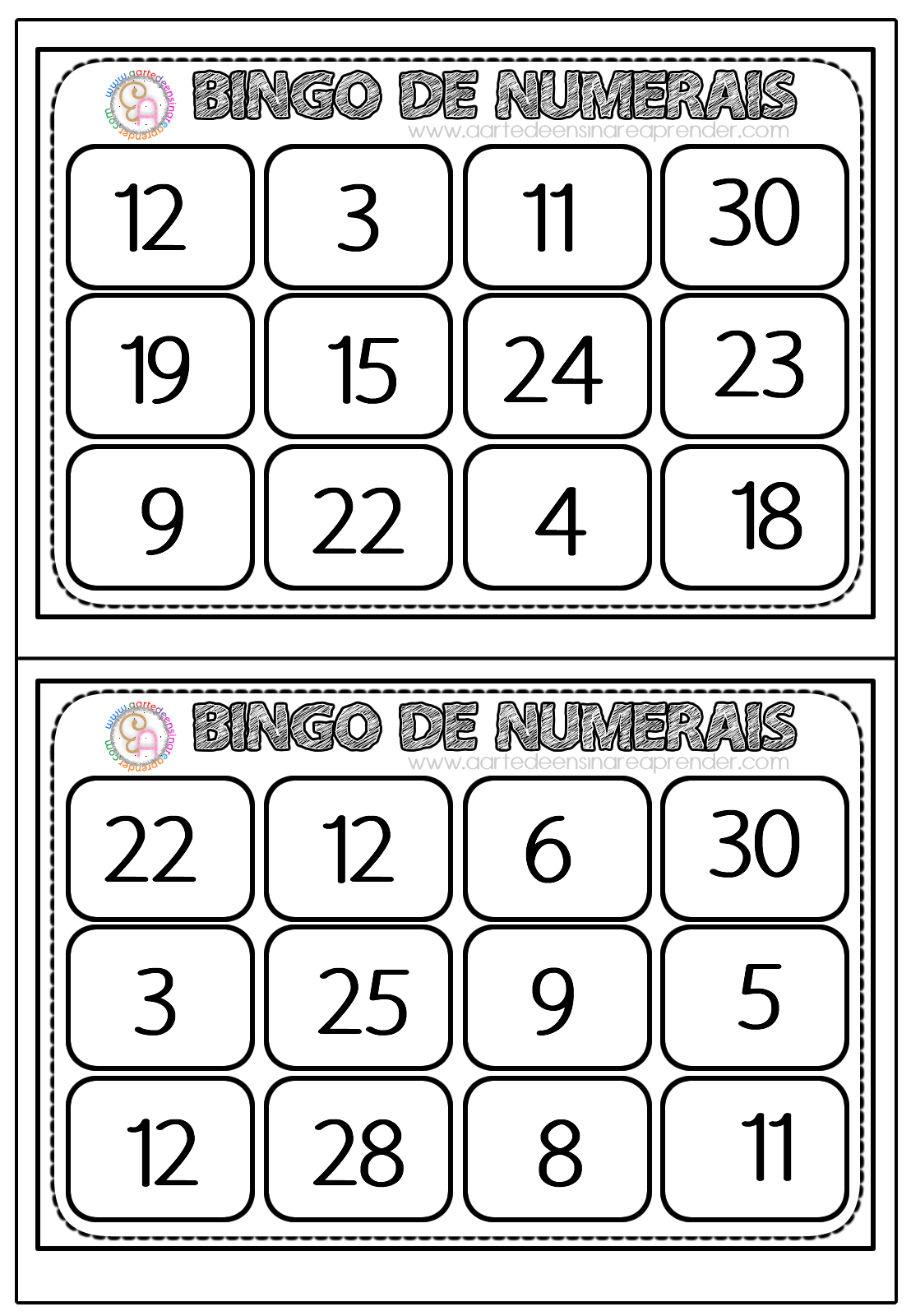 Bingo matemático: audição, prática de números: Português→estrangeiros