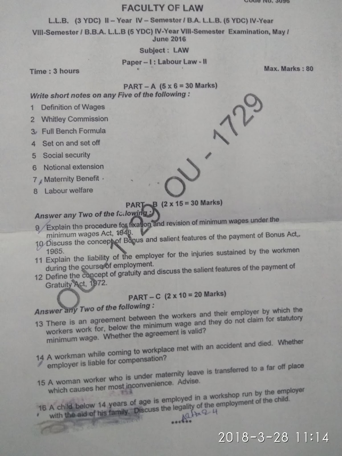 A Blog for LLB 3YDC GENERAL / HONORS LABOUR LAW2 PREVIOUS QUESTION PAPERS