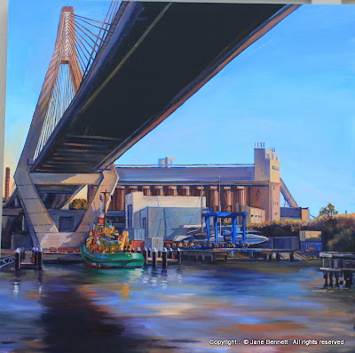 Plein air oil painting of the Anzac Bridge and Glebe Island painted by industrial heritage artist Jane Bennett