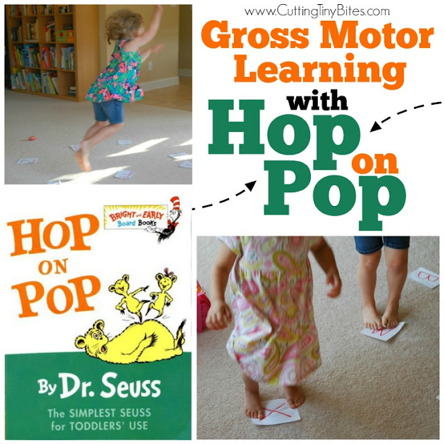 Active game for kids that can be adapted for whatever your toddler or preschooler is learning-- numbers, letters, sight words, colors, or shapes. Also great for a Dr. Seuss theme unit.