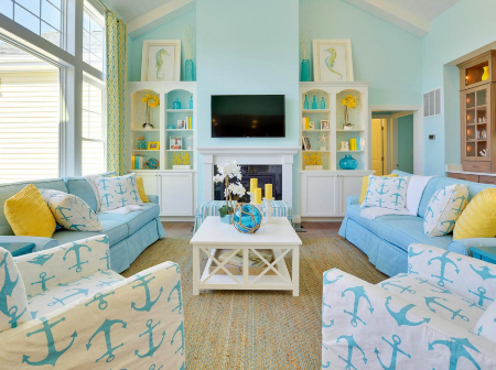 Turquoise Green Yellow Living Room Coastal Interior Decor Idea