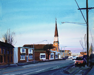 An acrylic painting of Main Street Williamsville by Chris Breier