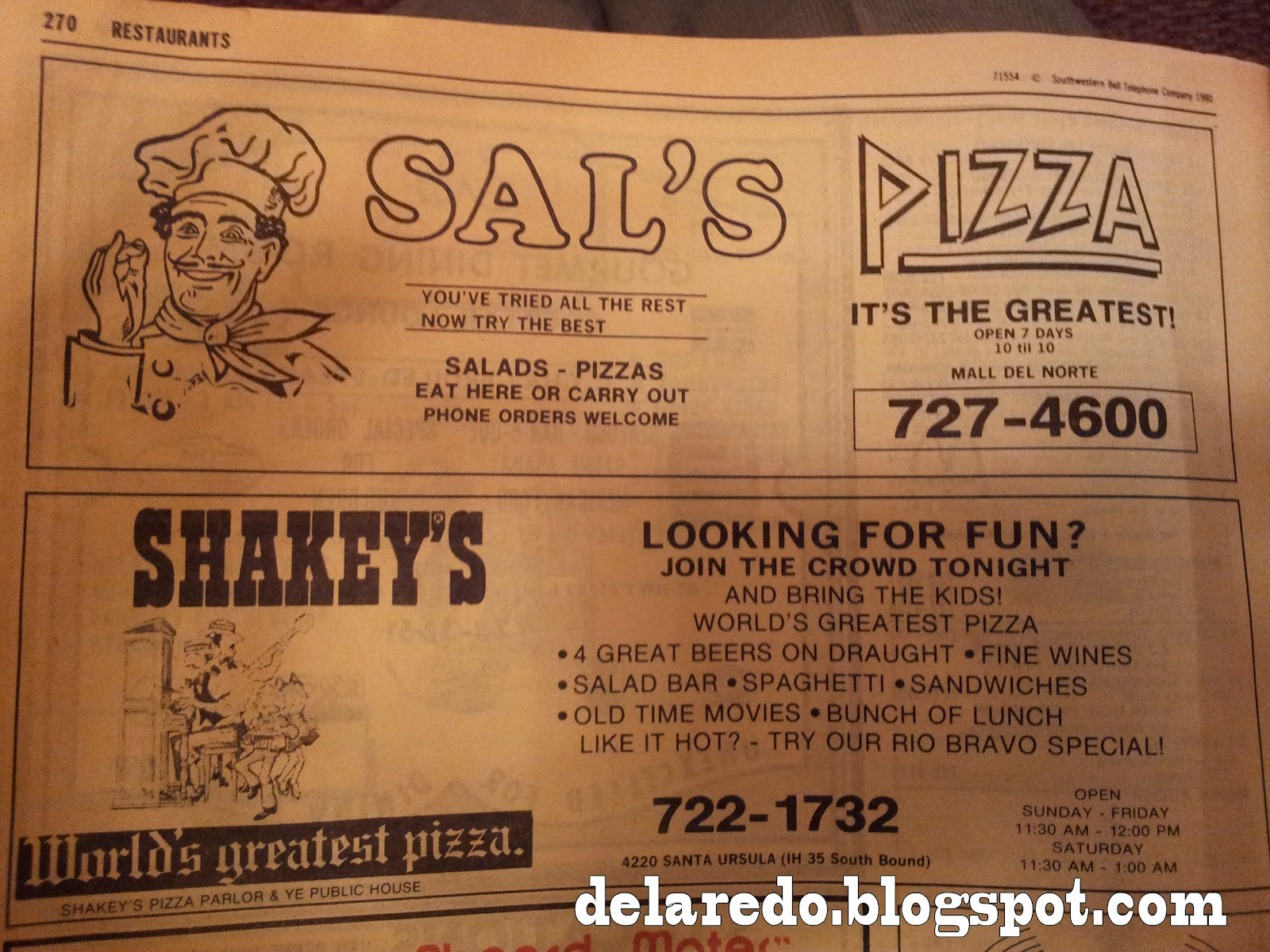 DeLaredo Today Pizza in Laredo circa 1980