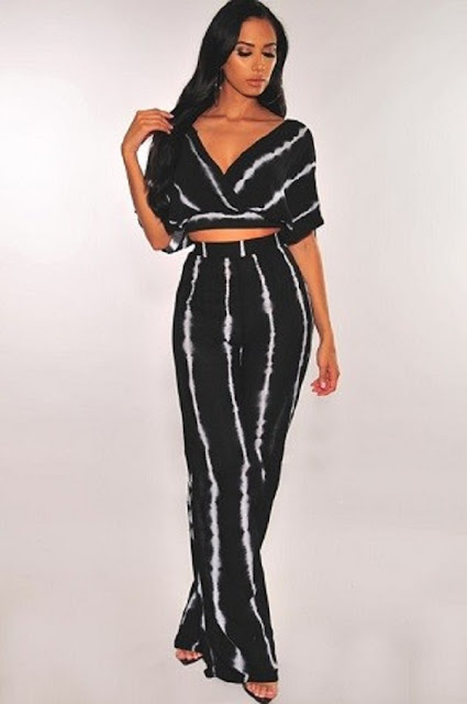 Black White Tie Dye Palazzo Two Piece Set Midi Dresses
