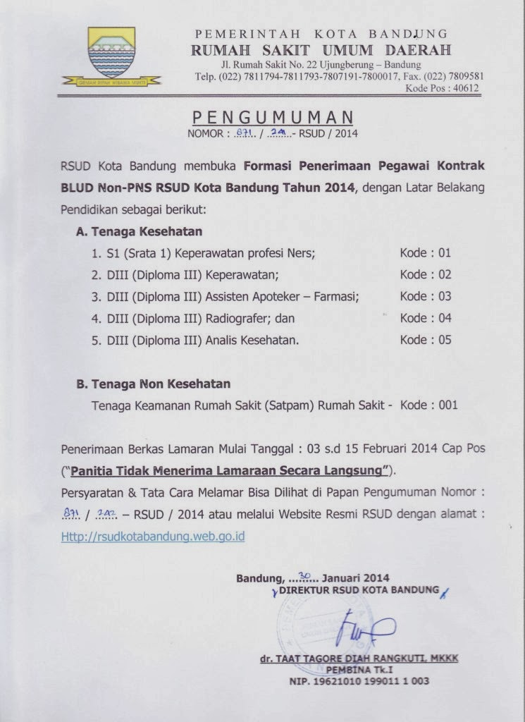 RSUD Kota Bandung membuka Formasi Penerimaan Pegawai Kontrak BLUD Non-PNS RSUD Kota Bandung Tahun 2014