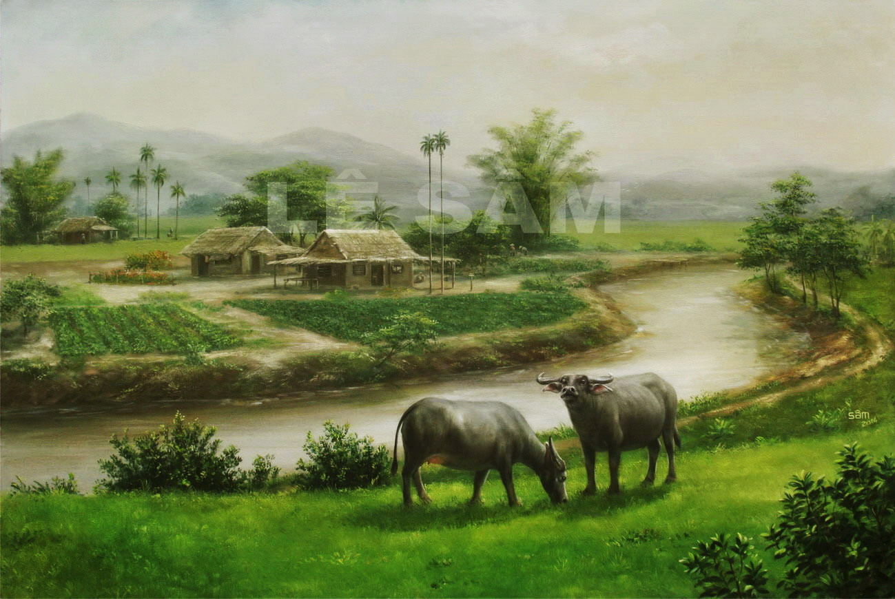 LÊ SÂM . vẽ tranh sơn dầu: tranh đồng quê Việt Nam. tranh phong cảnh. tranh  trâu. sơn dầu Lê Sâm