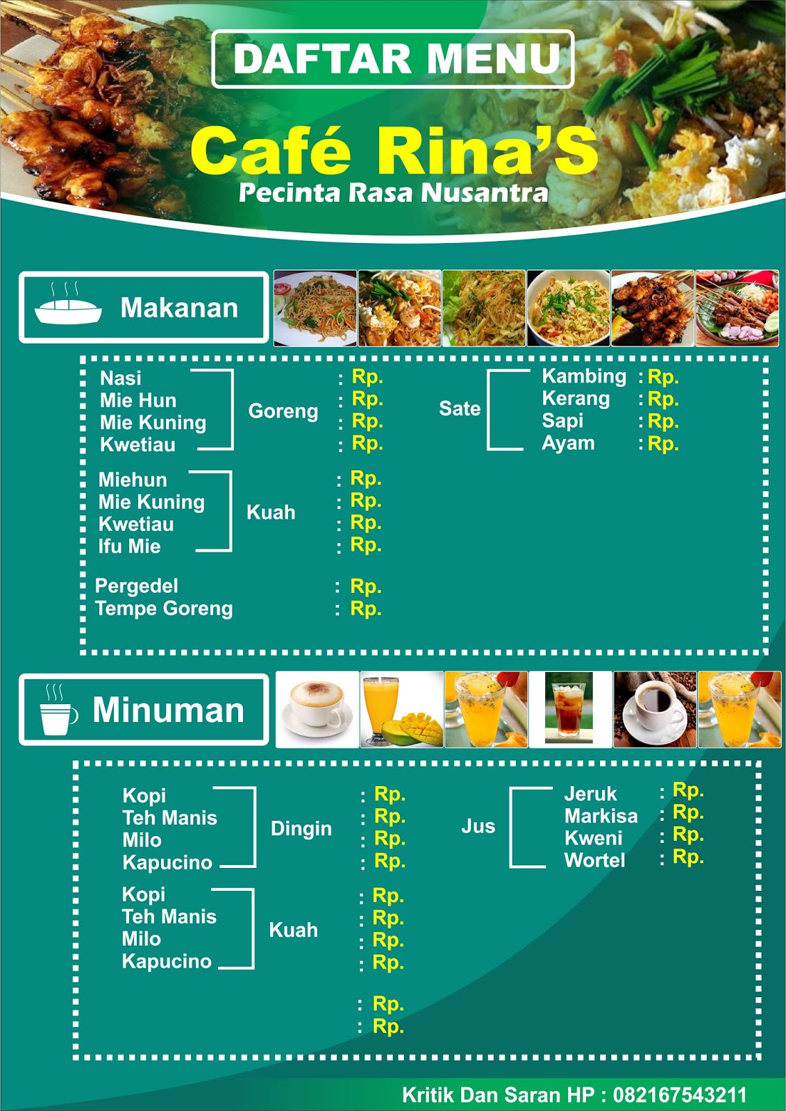 Contoh Menu Kedai Makan / Cetak Daftar Menu Makanan Ukuran A4 2 Pcs