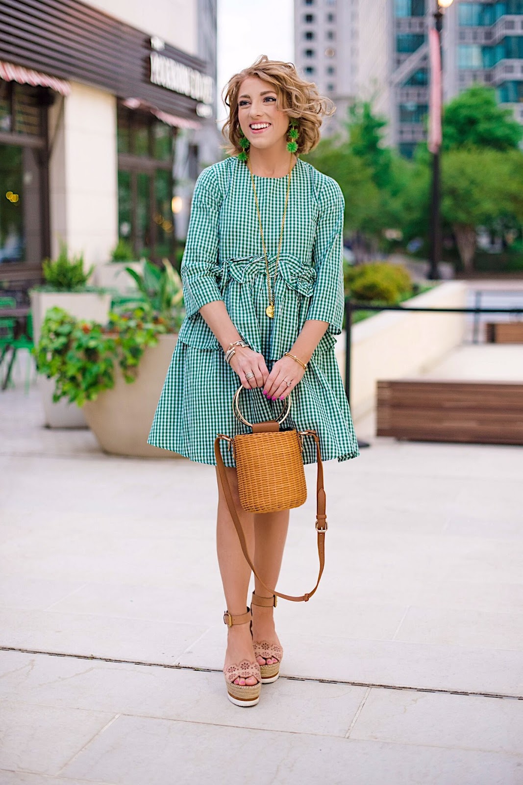 Emerald Green Ruffle Gingham Dress + Wicker Basket Bag - Something Delightful Blog