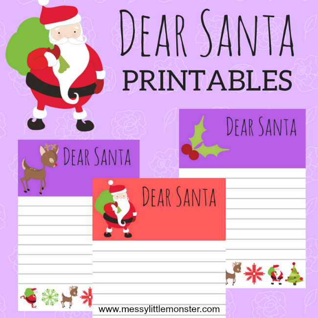 Free printable letters to Santa. Blank Christmas writing paper to download and print out. These Dear Santa letters are great for preschoolers and older kids with lined paper and cute Christmas pictures.