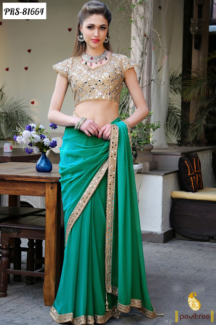 Green Color mirror work designer sarees online with price