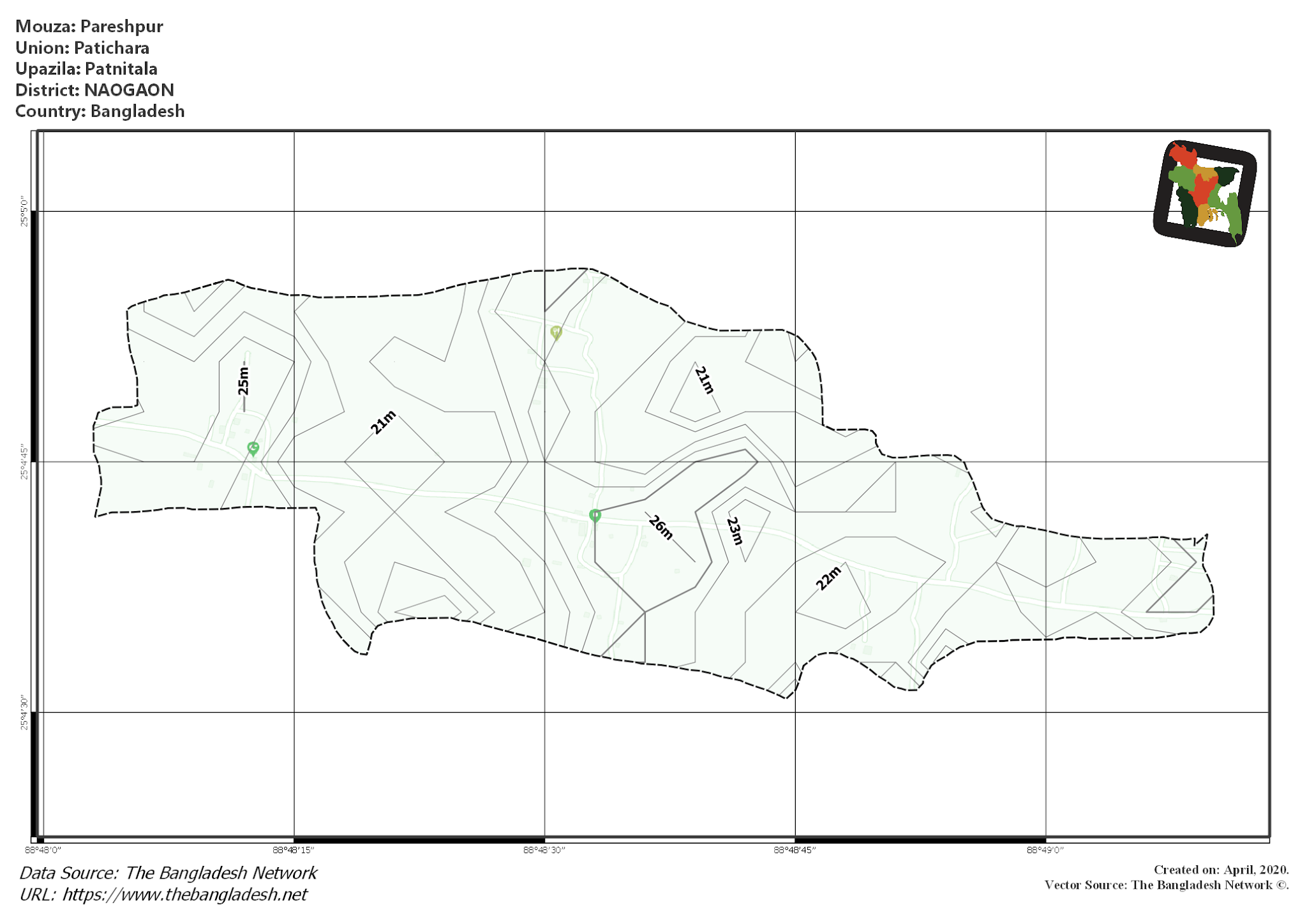 Map of Pareshpur Mouza of Patnitala Upazila, NAOGAON, Bangladesh.