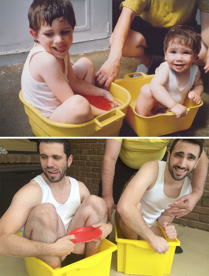 30 Beautiful Recreations Of Childhood Pictures - For My Mum's Birthday, My Brother And I Recreated Our Childhood Photo As Fully Grown Adults