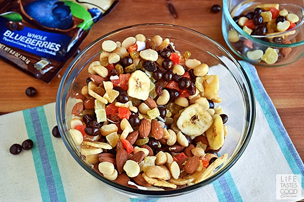 Homemade Tropical Trail Mix | by Life Tastes Good loaded with dried fruit, nuts, and dark chocolate is a better-for-you choice when you reach for a snack during the day.